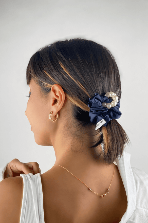 Pearl Satin Scrunchie Navy Blue
