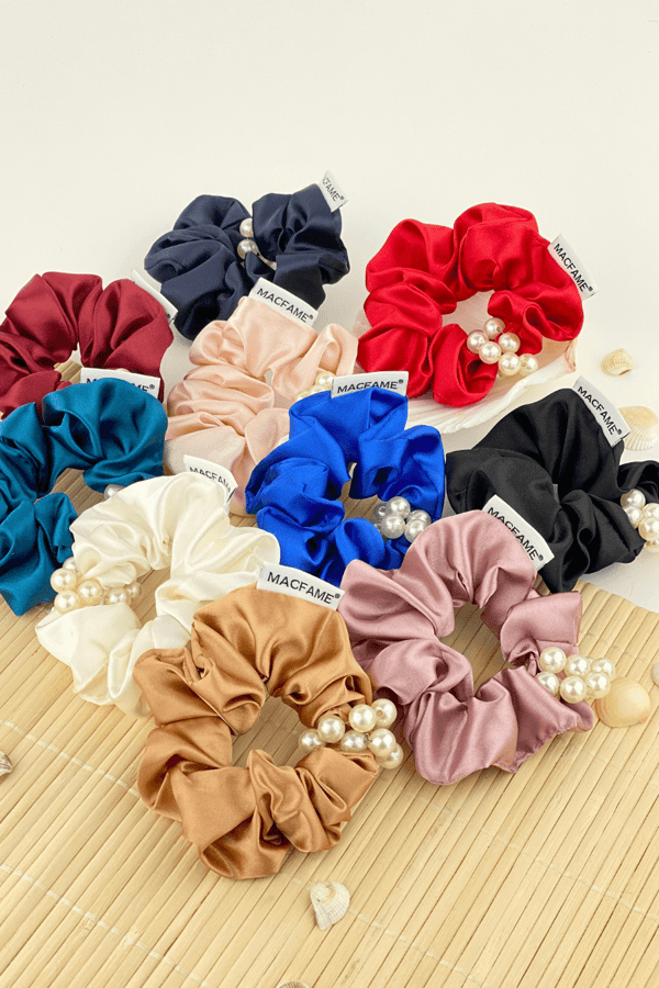 Pearl Satin Scrunchie Navy Blue