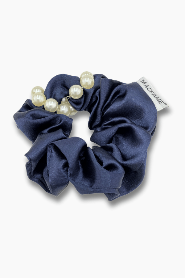Pearl Satin Scrunchie Navy Blue