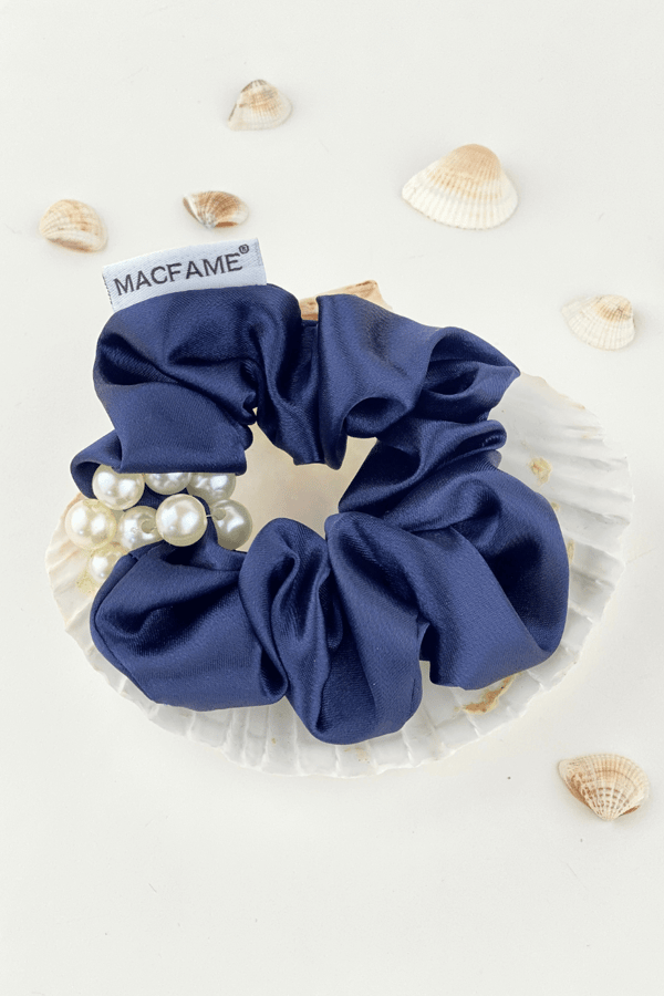Pearl Satin Scrunchie Navy Blue