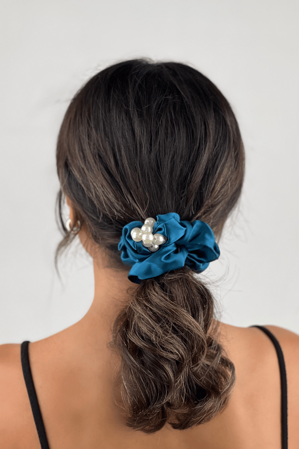 Pearl Satin Scrunchie Petroleum Blue