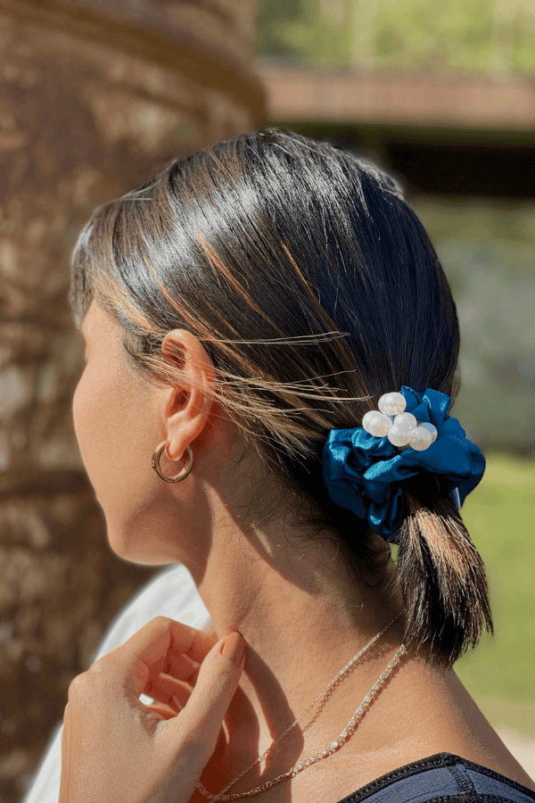 Pearl Satin Scrunchie Petroleum Blue