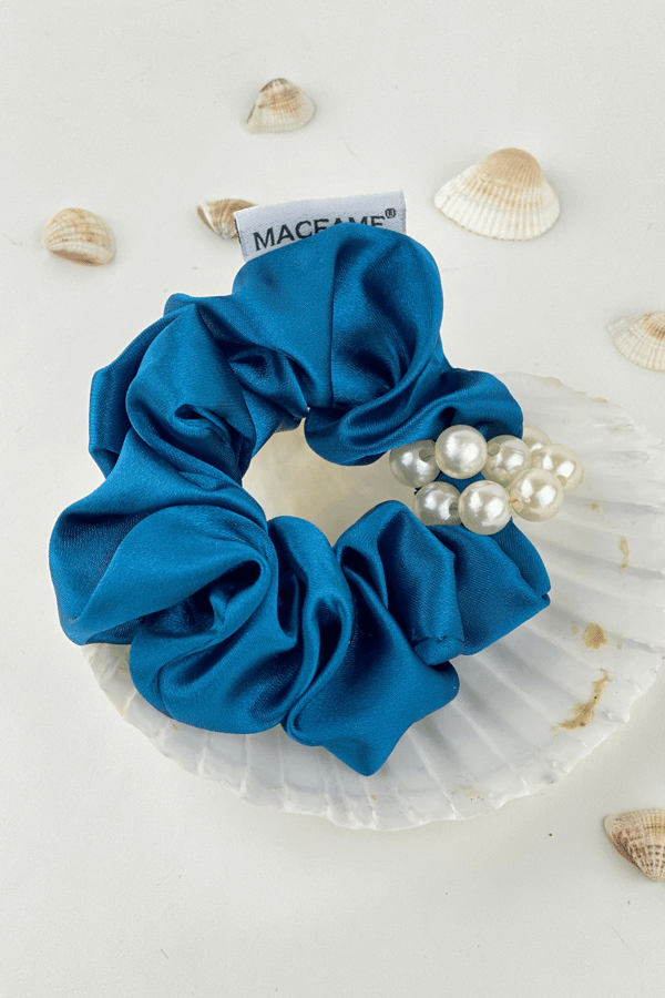 Pearl Satin Scrunchie Petroleum Blue
