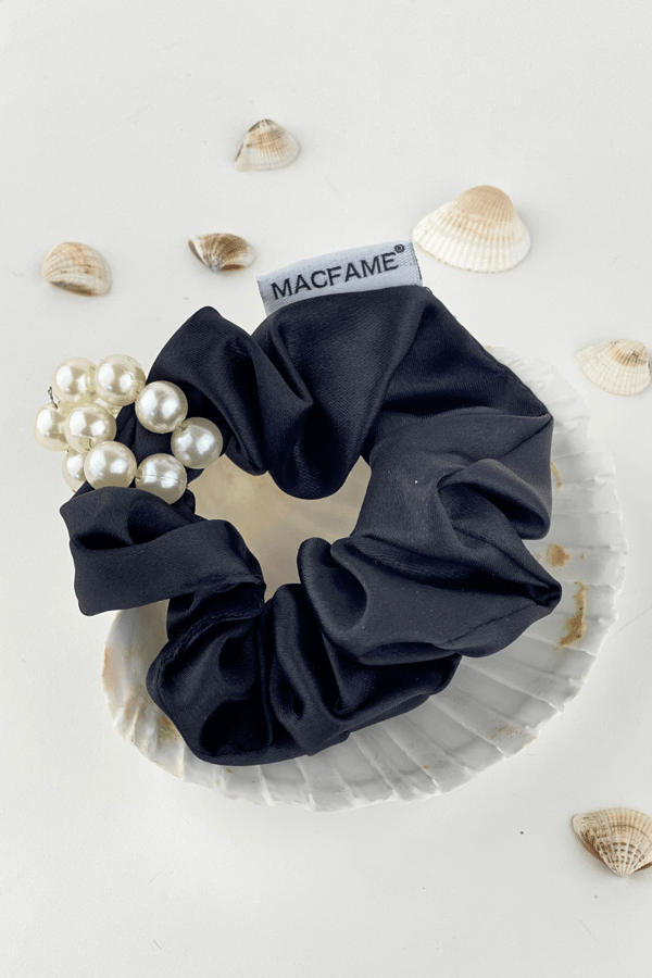 Pearl Satin Scrunchie Black