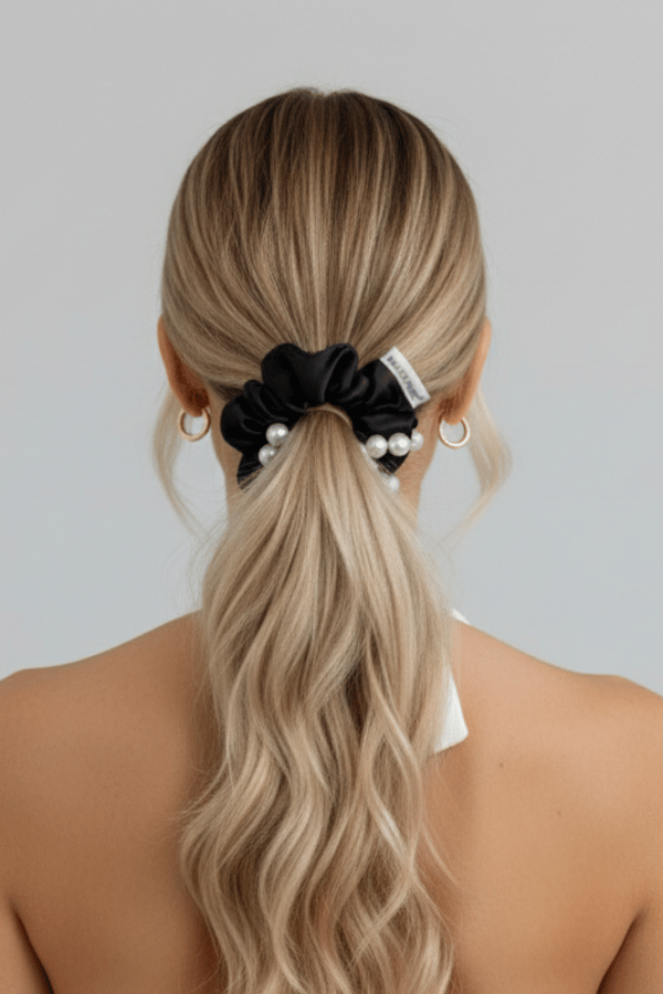 Pearl Satin Scrunchie Black