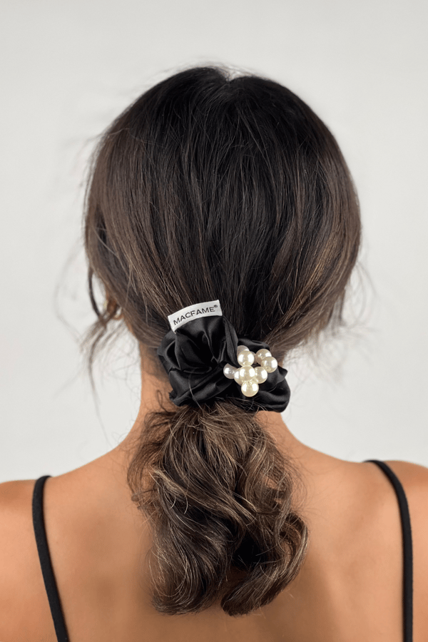 Pearl Satin Scrunchie Black