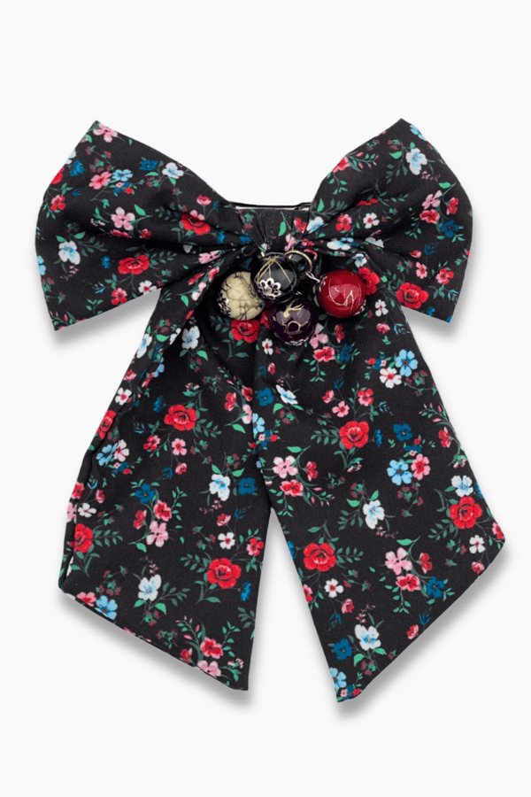 Beaded Red Floral Print Bow Barrette Black
