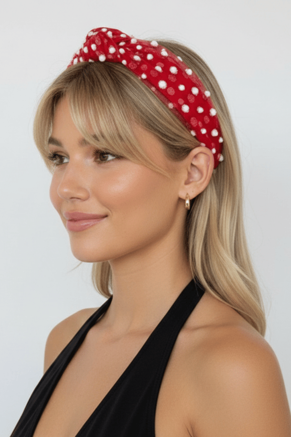 Red Pompom Tulle Knotted Headband