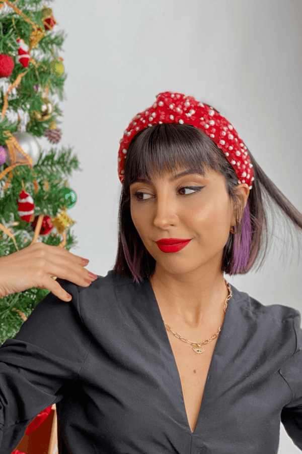 Red Pompom Tulle Knotted Headband