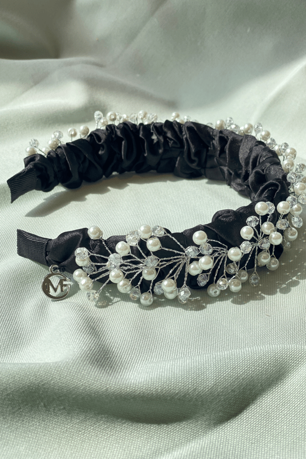 Crystal & Pearl Embellished Bridal Headband Black