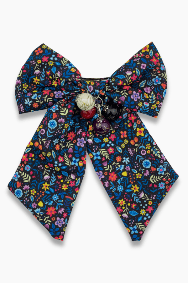 Beaded Floral Print Bow Barrette Navy Blue