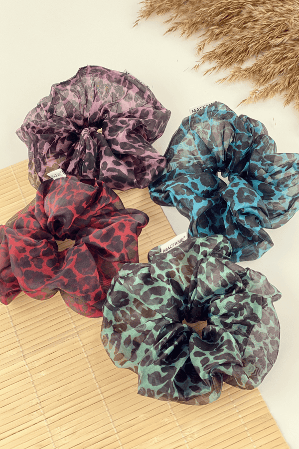 Leopard Print Organza Oversized Scrunchie Blue