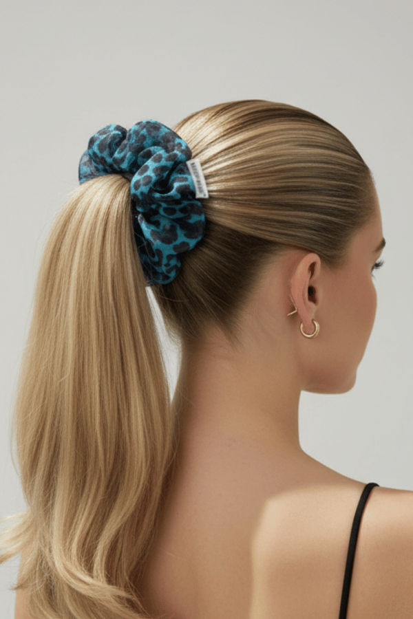 Leopard Print Organza Oversized Scrunchie Blue
