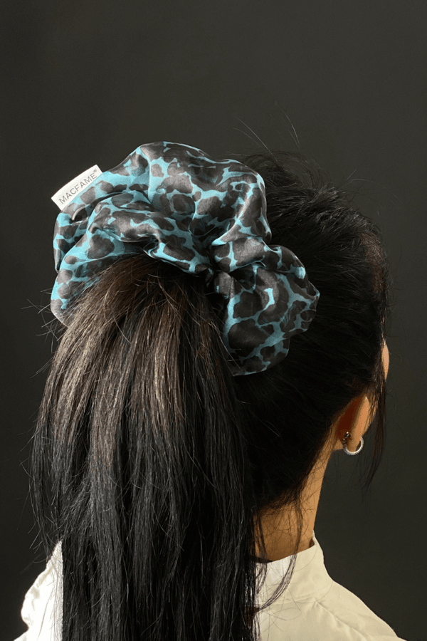 Leopard Print Organza Oversized Scrunchie Blue