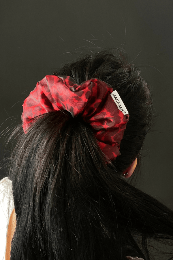 Leopard Print Organza Scrunchie Red