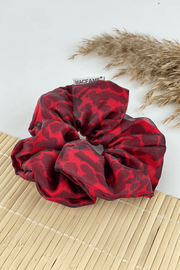 Leopard Print Organza Scrunchie Red