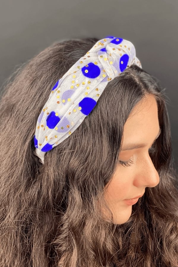 Macfame Flock Polka Dot Knotted Crown White-Navy Blue