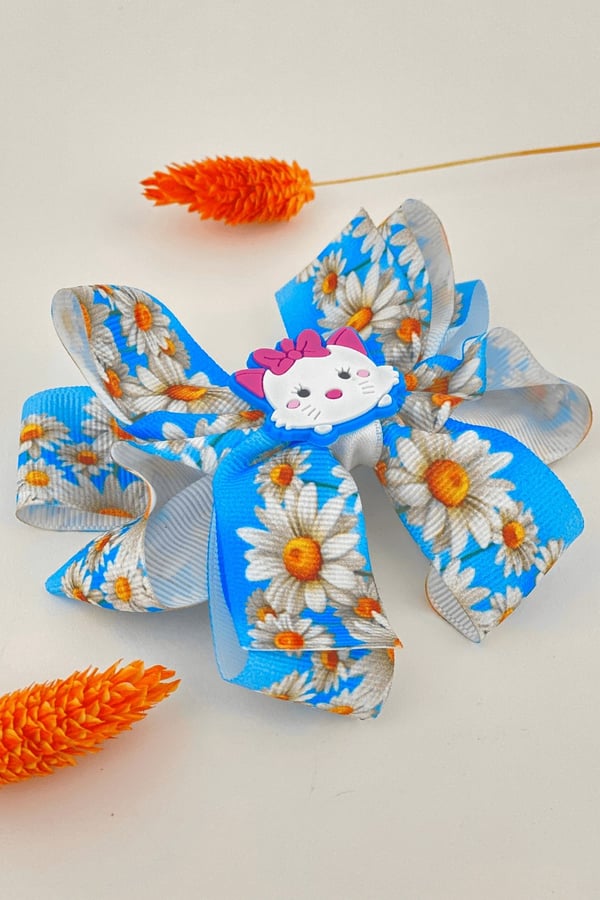 Macfame Cat Figure Patterned Grosgrain Ribbon Kids Snap (Automatic) Buckle Blue