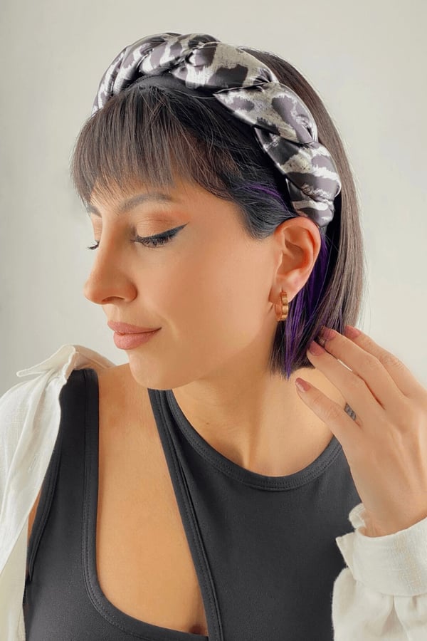 Macfame Shiny Leopard Patterned Twill Crown Black-Grey