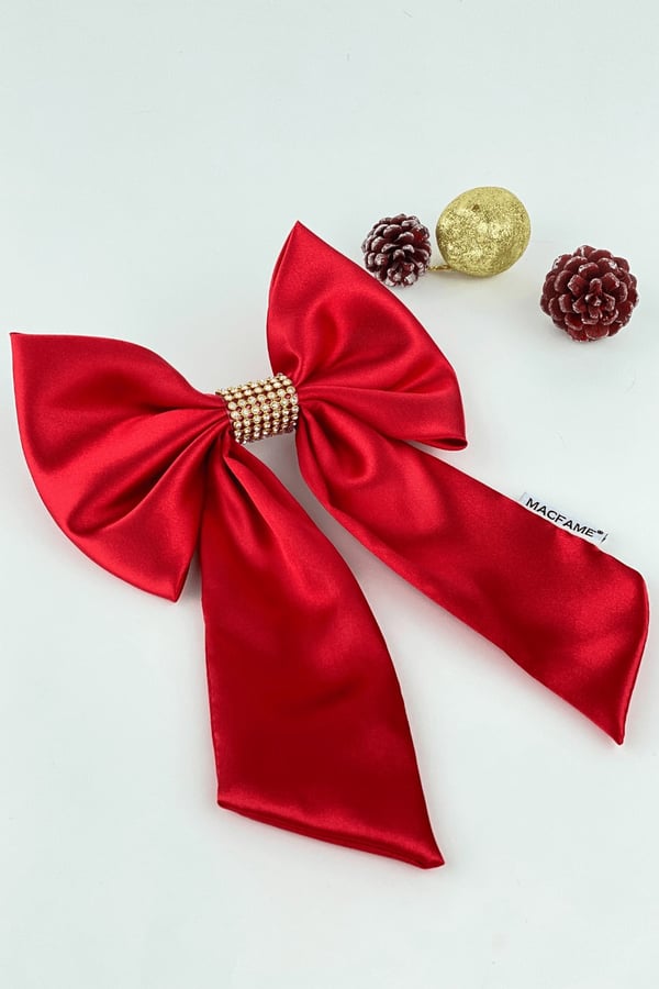 Macfame Yellow Crystal Stone Satin Bow Tail Snap Snap (Automatic) Buckle Red