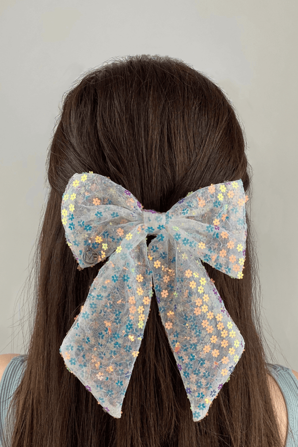 Blue Daisy Long Tail Bow Barrette