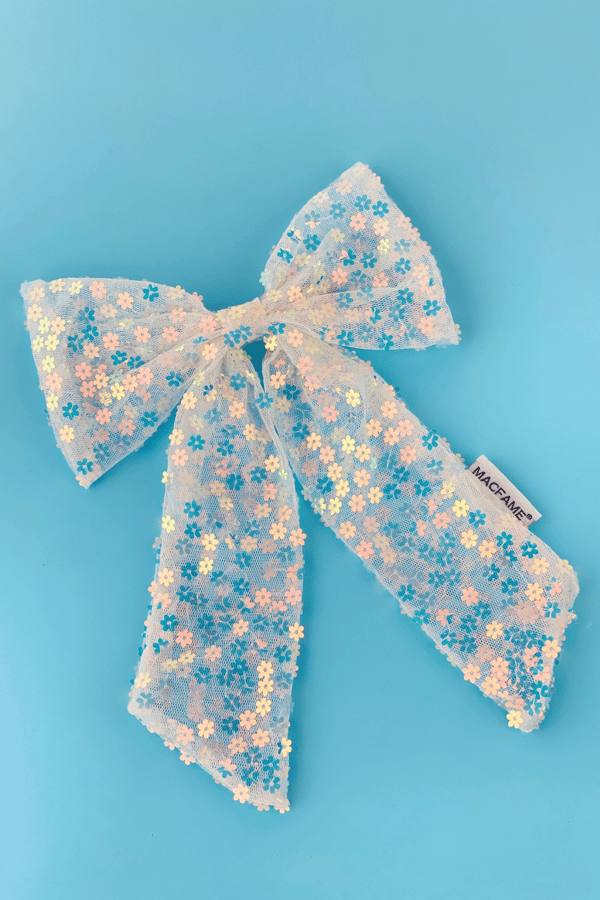 Blue Daisy Long Tail Bow Barrette