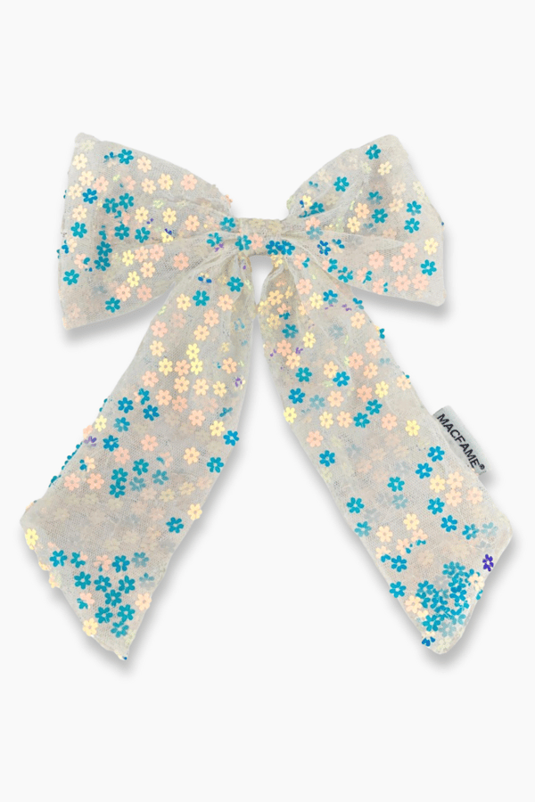 Blue Daisy Long Tail Bow Barrette