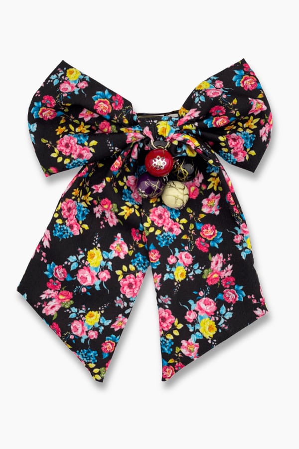 Beaded Pink Floral Print Bow Barrette Black
