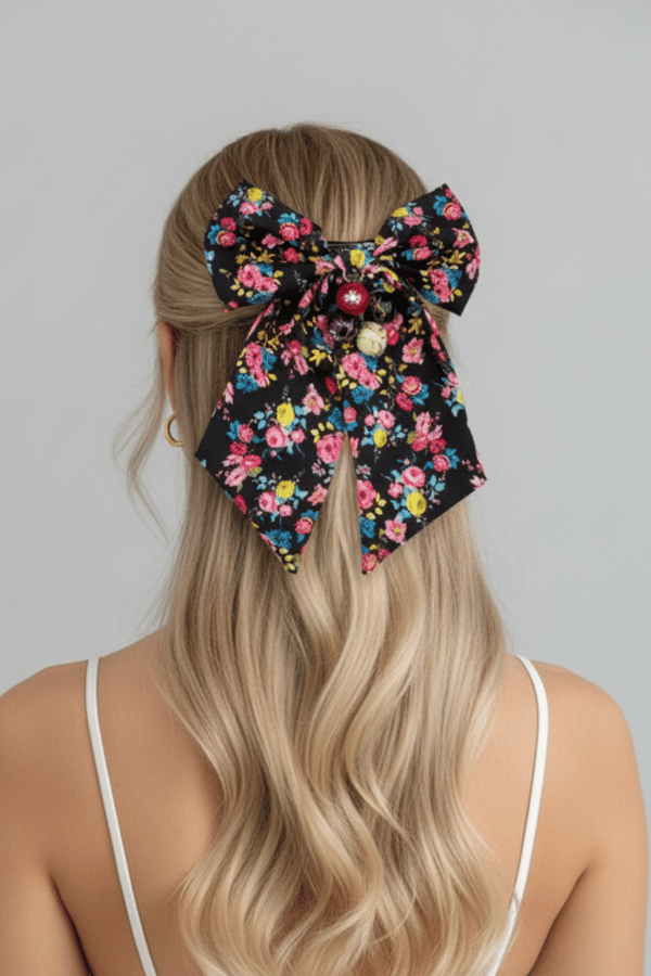 Beaded Pink Floral Print Bow Barrette Black