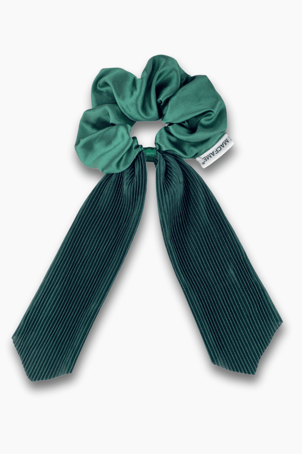 Pleated Green Long Tail Satin Scrunchie