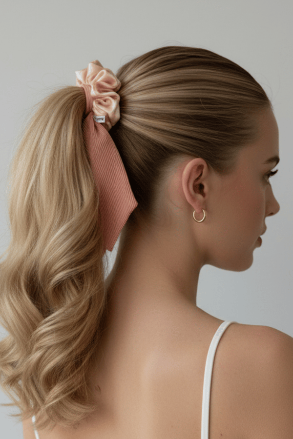 Pleated Pink Long Tail Satin Scrunchie