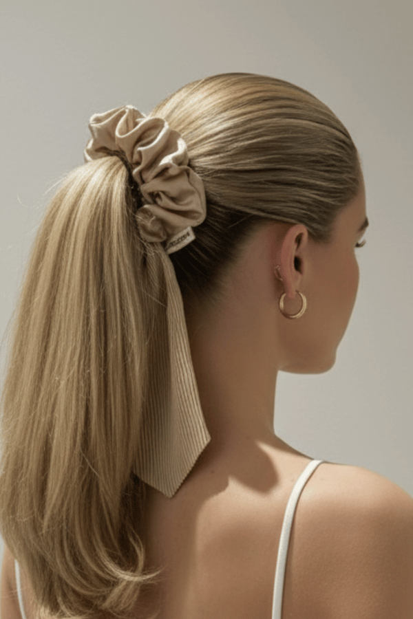 Pleated Beige Long Tail Satin Scrunchie