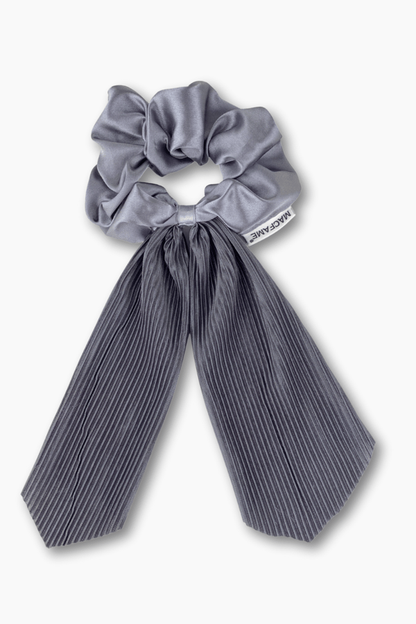 Pleated Gray Long Tail Satin Scrunchie
