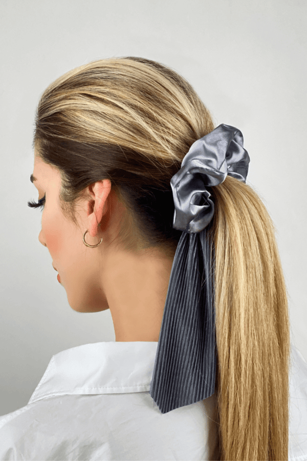 Pleated Gray Long Tail Satin Scrunchie