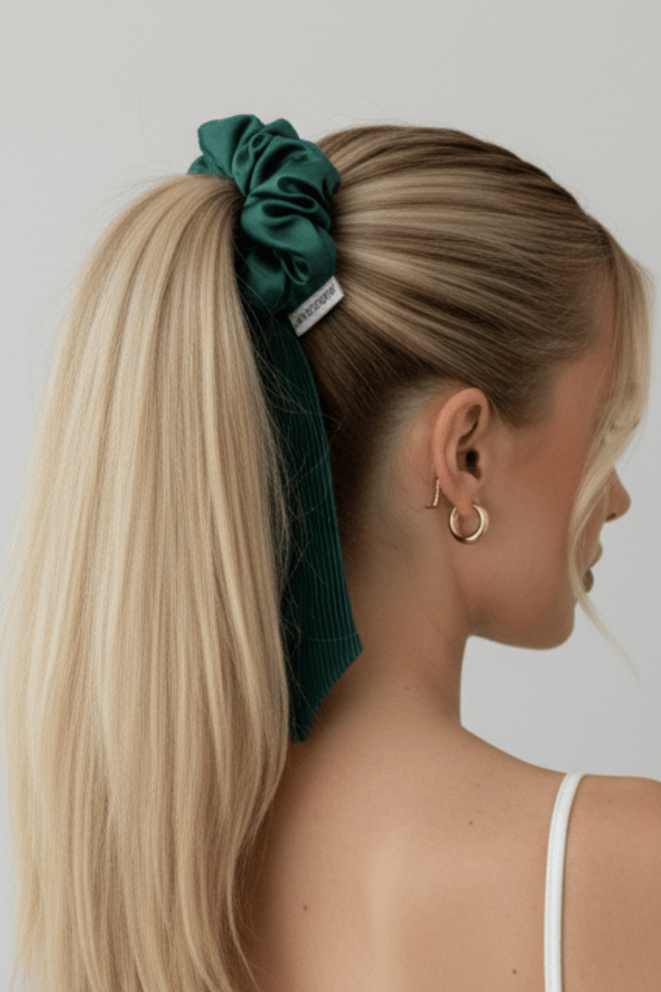 Pleated Green Long Tail Satin Scrunchie