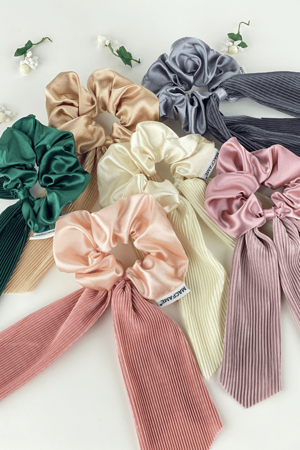 Pleated Green Long Tail Satin Scrunchie