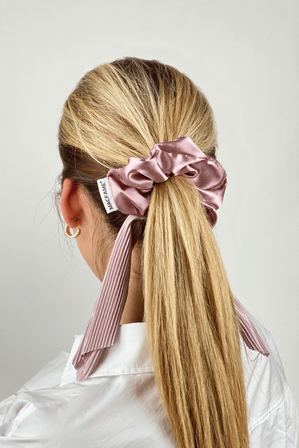 Pleated Lilac Long Tail Satin Scrunchie