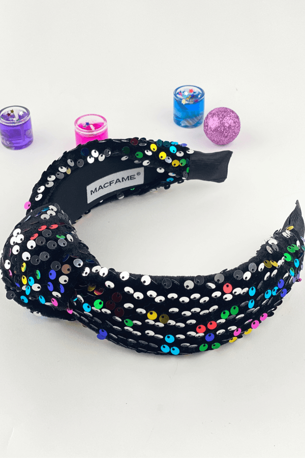 Colorful Sequin Knotted Velvet Headband Black