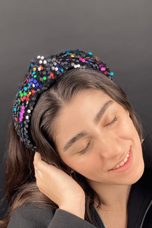 Colorful Sequin Knotted Velvet Headband Black