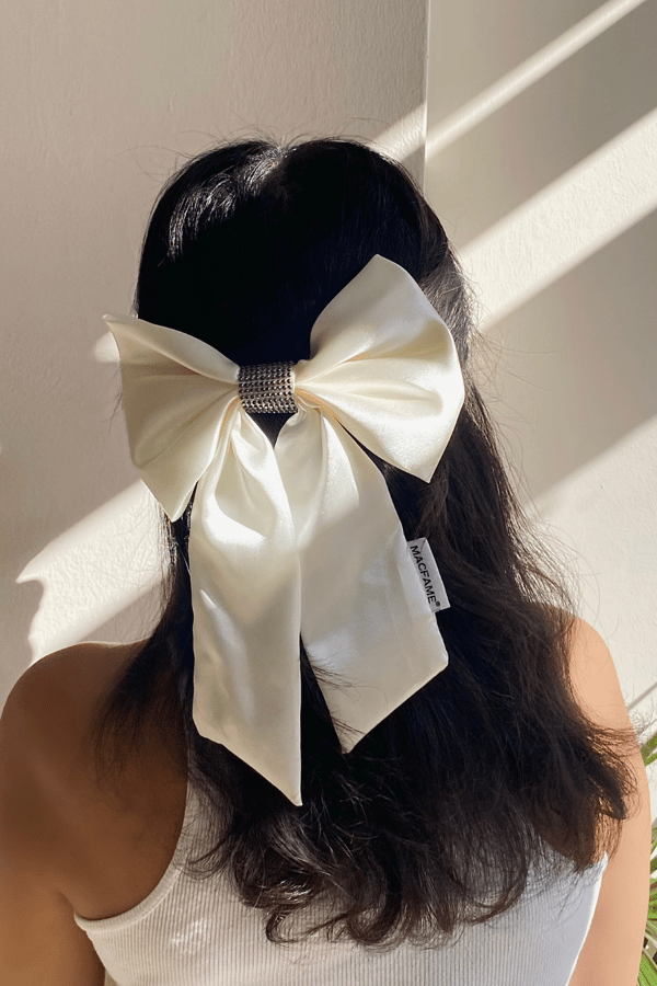 Black Crystal White Long Tail Bow Barrette