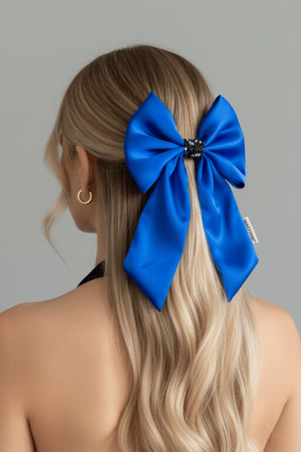 Black Crystal Royal Blue Long Tail Bow Hair Clip
