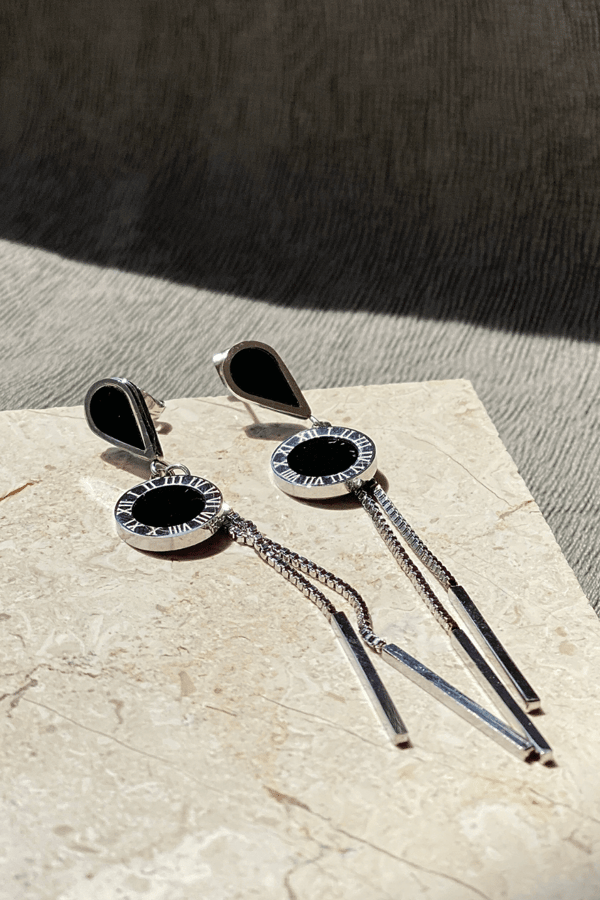 Black Stone Dangle Earrings Silver