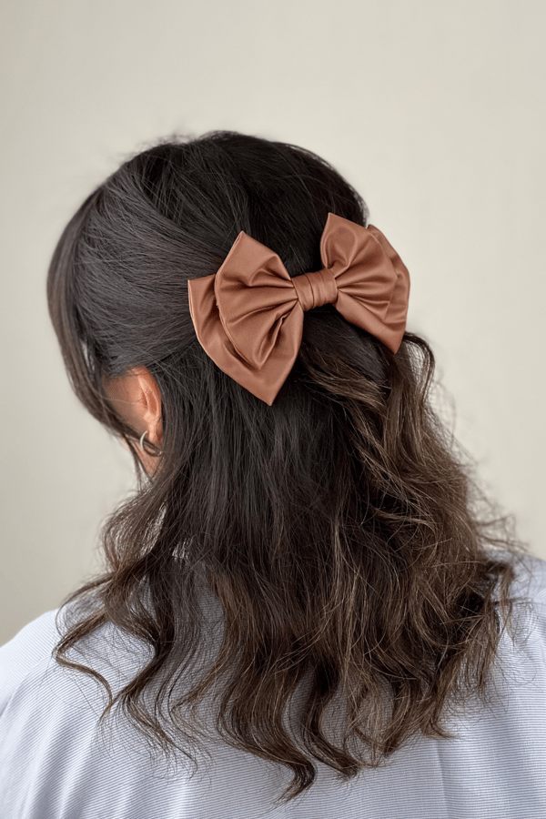 Camel Leather Layered Bow Hair Clip