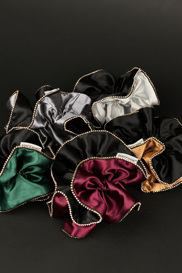 Satin Crystal Ruffle Oversized Scrunchie Gold
