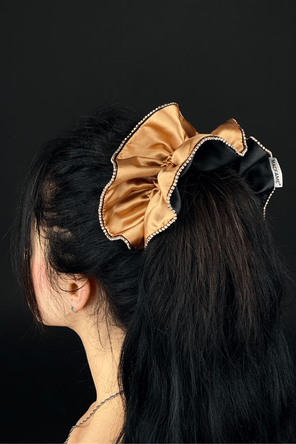 Satin Crystal Ruffle Oversized Scrunchie Gold
