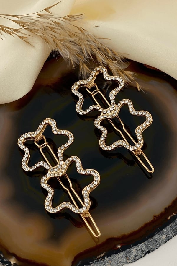 Tokasepeti Star Detailed Stone Double Side Buckle Set Gold