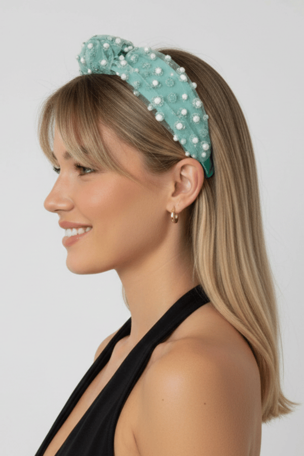 Turquoise Pompom Tulle Knotted Headband