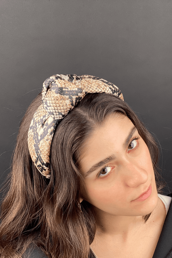 Snake Print Knotted Headband Beige