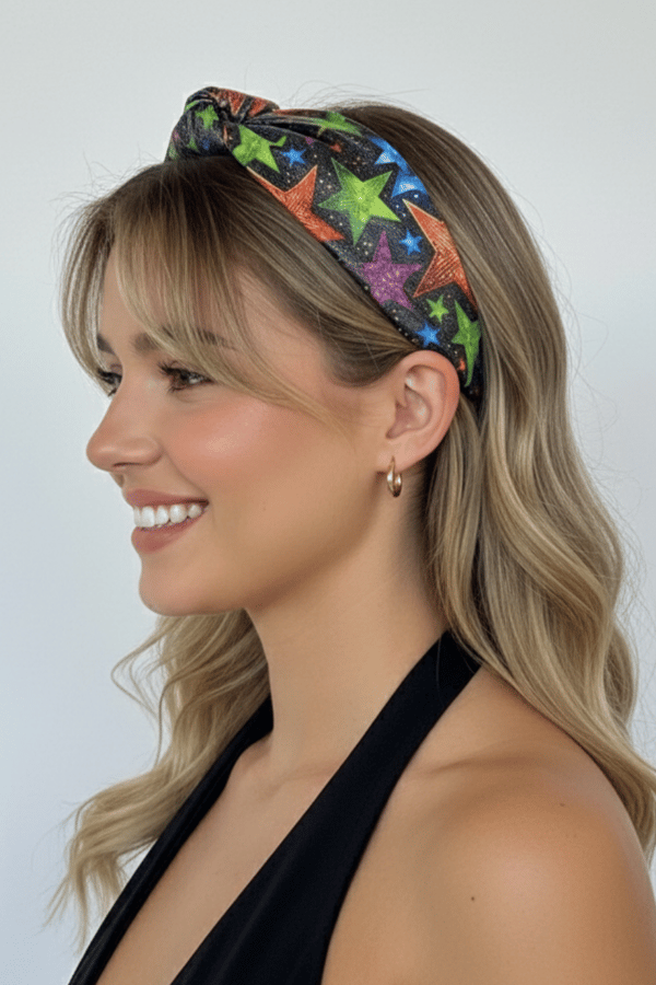 Star Print Faux Leather Headband Black
