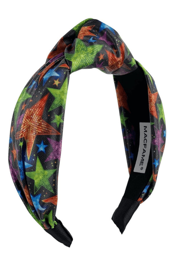 Star Print Faux Leather Headband Black